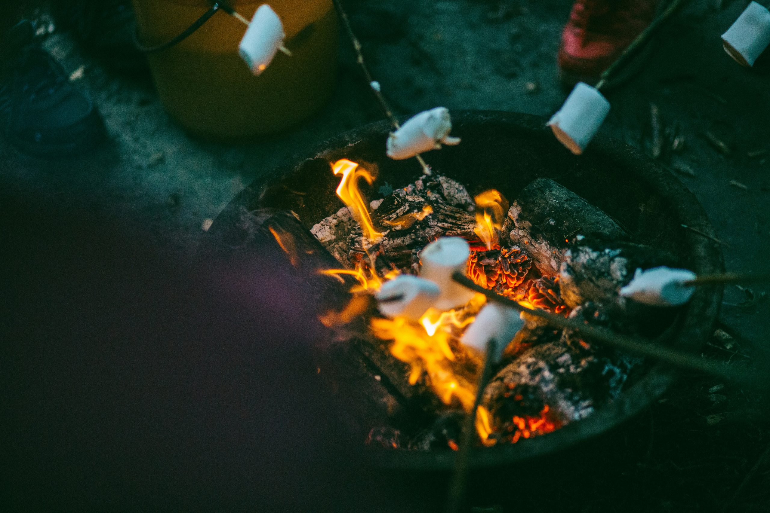 Campfire scene at a Kansas guided hunting lodge with marshmallows roasting over open flames.
